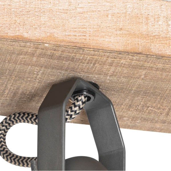 Detailansicht einer Deckenleuchte mit Holzelement, Metallhalterung und Textilkabel
