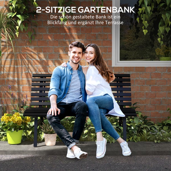 Outsunny 2-Sitzer Gartenbank Alu, wetterfest Sitzbank, UV-Beständig Gartenmöbel mit Lamellen-Design, Parkbank 240kg belastbar, Balkonbank für Balkon Terrasse, Garten, 123x67x79cm, Schwarz