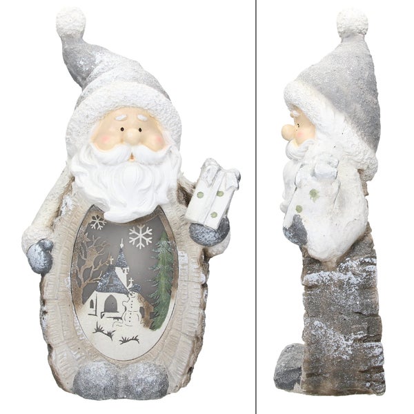 ECD Germany Weihnachtsmann Deko Figur mit LED Beleuchtung 52cm Warmweiß Weiß mit grauem Hut und Schal, Holzoptik, Batteriebetrieben, für Innen, LED-Weihnachtsdeko Weihnachtsfigur Weihnachten Tischdeko