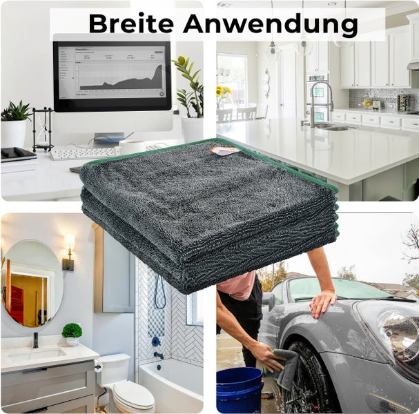 Dunkelgraue Mikrofasertücher mit grünem Rand in verschiedenen Umgebungen wie Büro, Küche, Badezimmer und bei der Autowäsche.