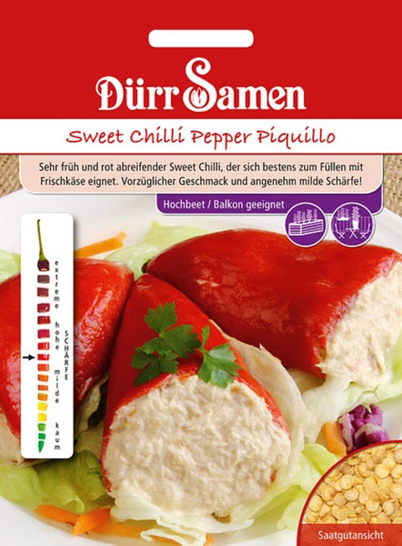 Samentüte mit Dürr Samen Logo für Sweet Chilli Pepper Piquillo mit gefüllten Paprikas, Schärfeanzeige mild und Symbolen für Hochbeet und Balkon.
