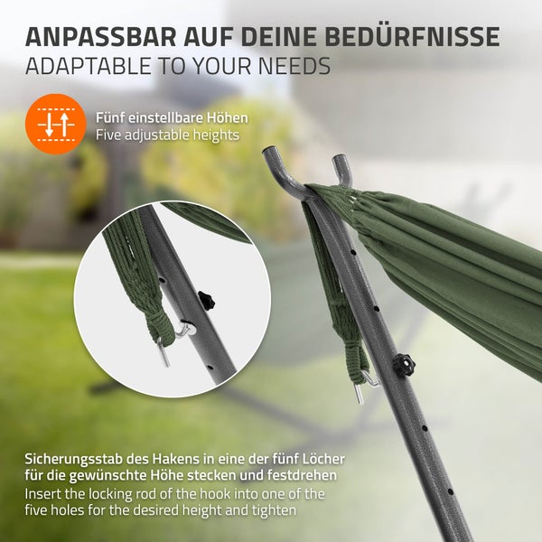 ML-Design Doppel Hängematte mit Stahlgestell, Khaki, Platz für 2 Personen, Indoor & Outdoor, XXL Hängesessel mit Tragetasche, Hängemattengestell, Doppelhängematte mit Ständer, für Garten & Balkon