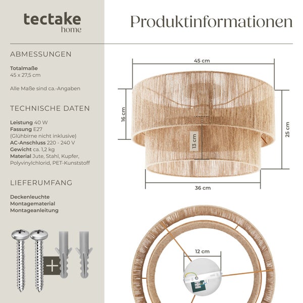 Technische Zeichnung der Tectake Deckenleuchte mit Maßangaben für zwei stufige Leuchtenschirme aus Jute und Metallelementen inklusive Montagematerial.