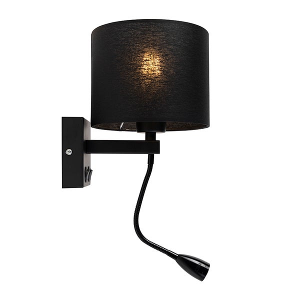 Schwarze Wandleuchte mit Lesearm und Stoffschirm