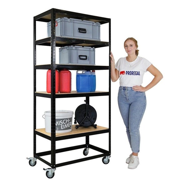 PROREGAL Kommissionierwagen | HxBxT 192x90x50cm | 5 Ebenen | Fachlast 50kg | 2x Lenkrollen & 2x Lenkrollen mit Feststellbremse | Schwarz | Fahrbares Kommissionierregal, Regal auf Rollen, Regalwagen