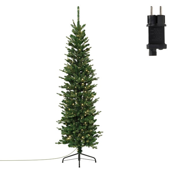 Schmaler künstlicher Weihnachtsbaum mit LED Beleuchtung und Netzstecker auf einem Metallständer