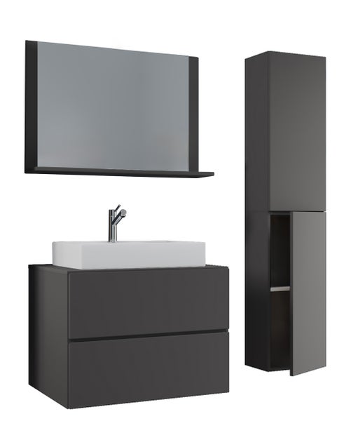 Dunkelgraues Badezimmermöbel-Set mit Waschtischunterschrank, zwei Schubladen, weißem Aufsatzbecken, Spiegel mit Ablage und Hochschrank.