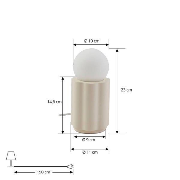 Abbildung der Maße einer Tischleuchte mit rundem Schirm und gewelltem Sockel.