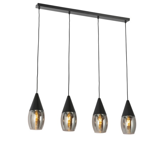 Qazqa Pendelleuchte Stavelot - 5-flammig, Schwarz Mit Rauchglas, Dimmbar, Für E27 LED, 40cm Durchmesser