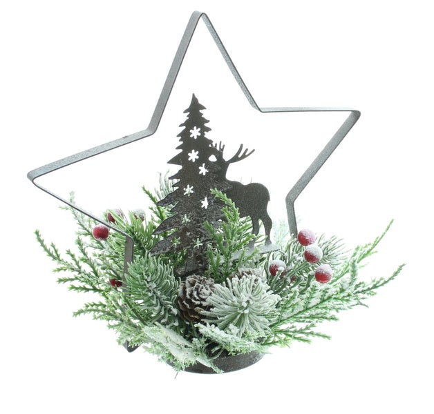 Weihnachtsdekoration mit Stern, Tanne und Hirsch