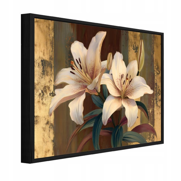 Wandbild mit Lilienmotiv in einem schwarzen Rahmen für eine dekorative Wandgestaltung.