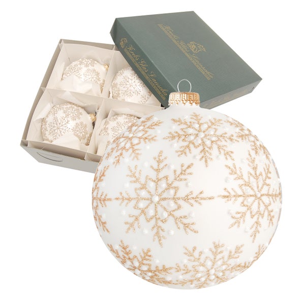 Weiß matt 10cm Glaskugel mundgeblasen und handdekoriert mit goldenen Schneeflocken (4 Stück), 4 Stck., Weihnachtsbaumkugeln, Christbaumschmuck, Weihnachtsbaumanhänger