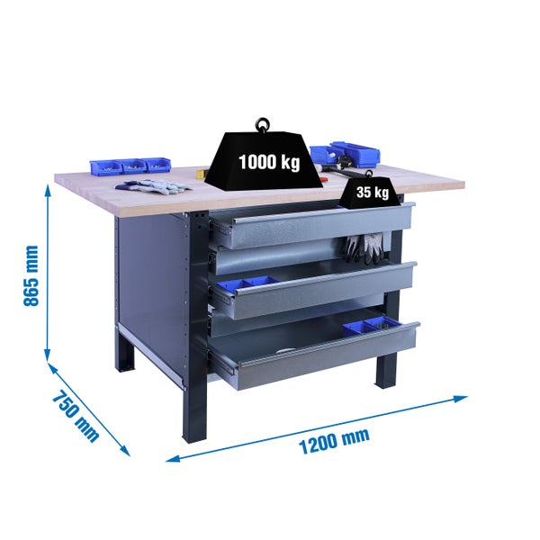 Werkbank BUFFALO WOOD mit 5x Schublade | HxBxT 86,5x120x75cm | Traglast 1000kg | Anthrazit