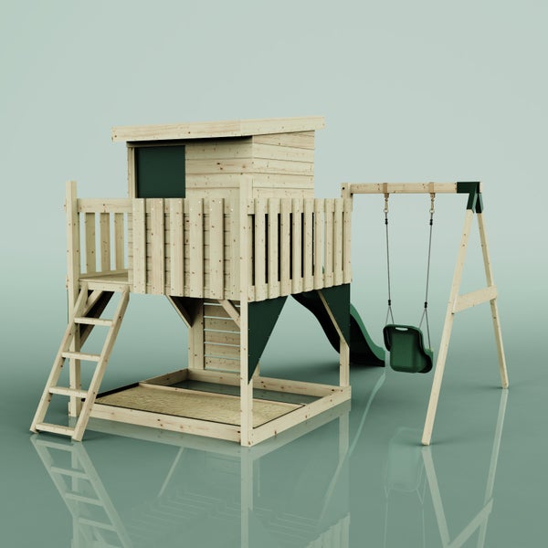 Spielturm aus Holz mit Spielhaus auf Podest, Leiter, Rutsche, Schaukelanbau und Sandkasten.