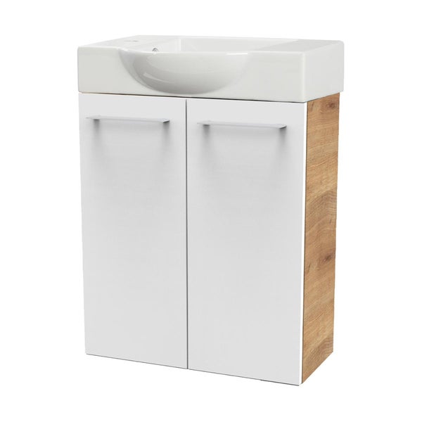 Fackelmann MILANO Gäste-WC Set 2 Teile – Waschtischunterschrank in Weiß mit Holz Braun mit Waschbecken aus Keramik – SBC Waschbeckenunterschrank schmal – 2 Türen – Hahnloch links – 55 cm breit