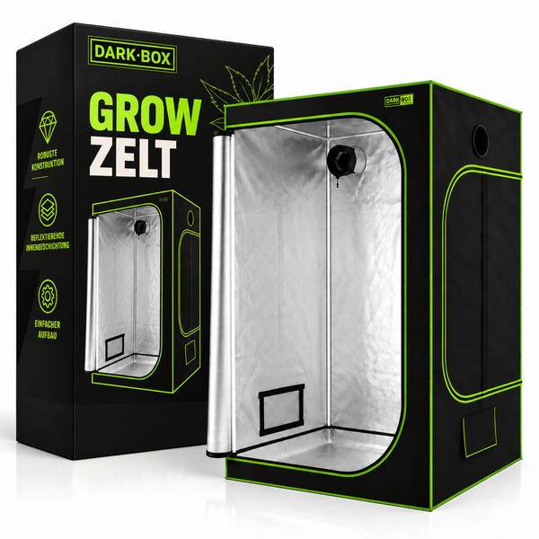 Dark Box Growzelt mit reflektierender Innenbeschichtung zur Pflanzenzucht inklusive robuster Konstruktion und einfacher Aufbauanleitung.