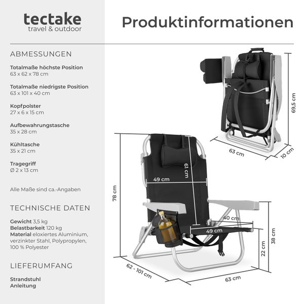 Strandstuhl tectake Coral rückseitige Kühltasche und Aufbewahrungstasche klappbar, mit Rucksackfunktion schwarz