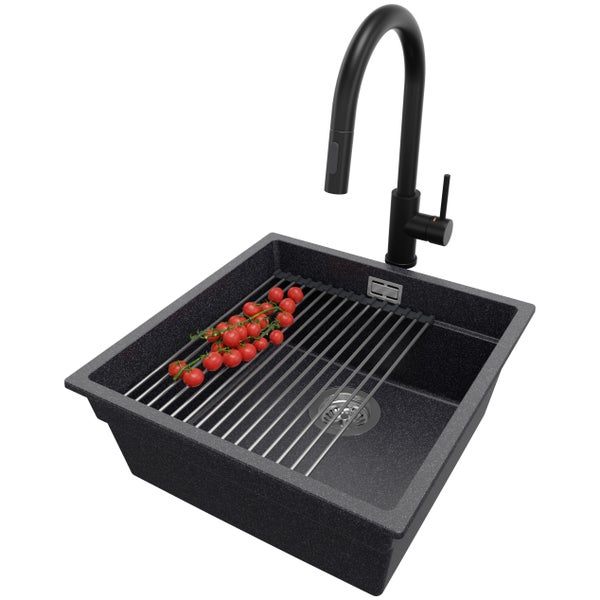 PRIMAGRAN Granitspüle Anthrazit 46x47cm, Spülbecken 1 Becken + Küchenarmatur 40x20cm + Ablauf-Set + Aufrollbare Abtropffläche, Küchenspüle ab 50er Unterschrank - Praga Slim