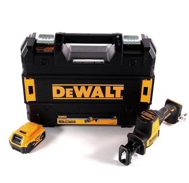 DeWalt Akku-Säbelsäge mit einem 18V-Akku und schwarzem DeWalt TSTAK Werkzeugkoffer.
