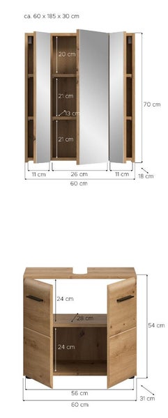 Badezimmermöbel Set bestehend aus Spiegelschrank und Waschbeckenunterschrank in Holzoptik mit detaillierten Maßangaben in Zentimetern.