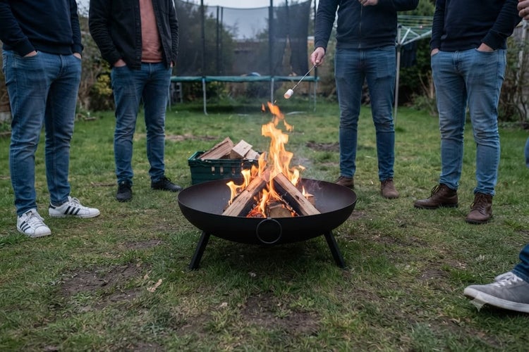 Gruppe von Menschen um eine brennende Feuerstelle im Garten mit Kaminholz und Marshmallow am Spieß
