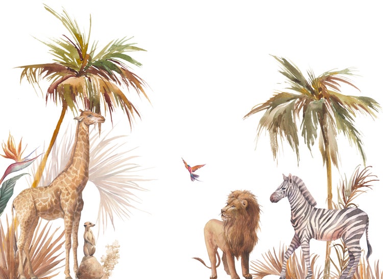 Aquarell-Wandbild mit afrikanischen Tieren wie Giraffe, Löwe, Zebra, Erdmännchen und Papagei zwischen Palmen.