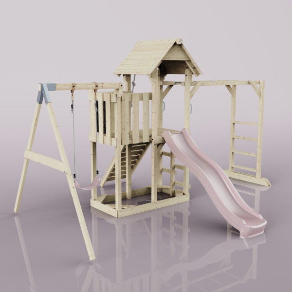Spielturm mit Schaukel, Rutsche und Kletterleiter aus Holz