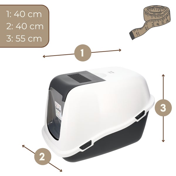 Haubentoilette für Katzen, Maße: Breite 40 Zentimeter, Tiefe 40 Zentimeter, Höhe 55 Zentimeter.