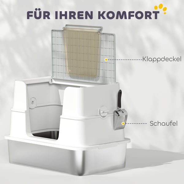 Offenes, graues und weißes Katzentoilette mit Klappdeckel und Schaufel