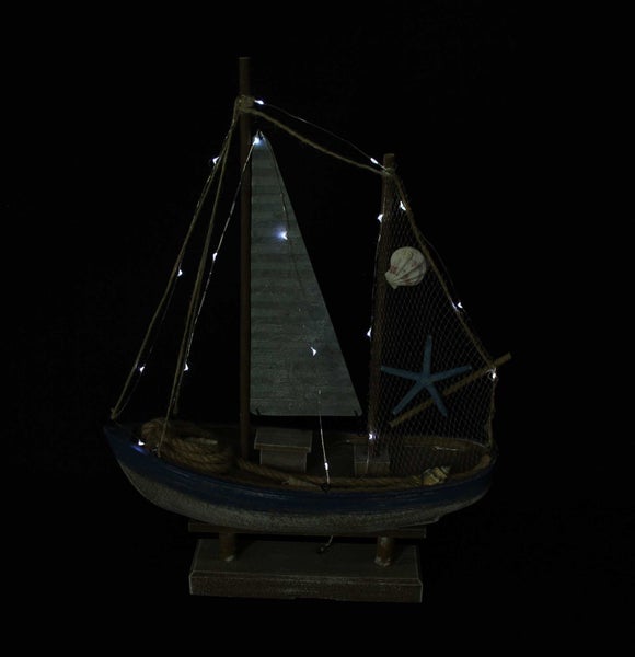 FRANK FLECHTWAREN | LED-Deko Segelschiff, 35,5 x 11,5 x 48 cm, HOLZ, KUNSTSTOFF, SISAL, METALL