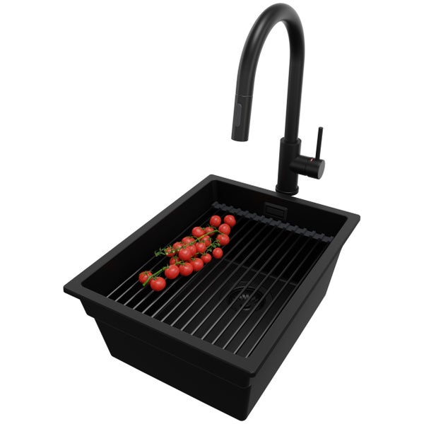 PRIMAGRAN Granitspüle Alles Schwarz 36x47cm, Spülbecken 1 Becken + Küchenarmatur 40x20cm + Ablauf-Set + Aufrollbare Abtropffläche, Küchenspüle ab 40er Unterschrank - Praga Slim