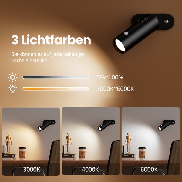 EMKE 6-in-1 LED Tischlampe Kabellos, Wiederaufladbare & Dimmbar, Touch Steuerung, 3 Farbmodi, 360° Einstellbare Magnetische Wandleuchte, USB-C, IP20, Schwarz - Ideal für Outdoor & Indoor Nutzung