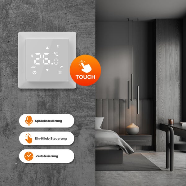 Digitaler Raumthermostat mit Touchfunktion und Sprachsteuerung im Schlafzimmer