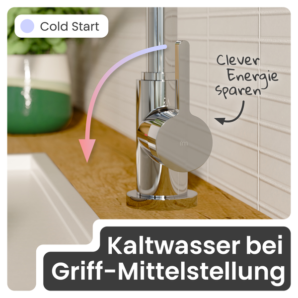 Armatur mit Kaltstart-Funktion zur Energieersparnis. In der Mittelstellung des Griffs fließt nur Kaltwasser.
