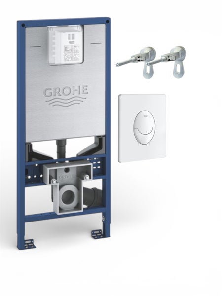 Grohe Vorwandelement Set für Wand-WC mit blauem Metallrahmen, Spülkasten, weißer Betätigungsplatte und Wandhalterungen.