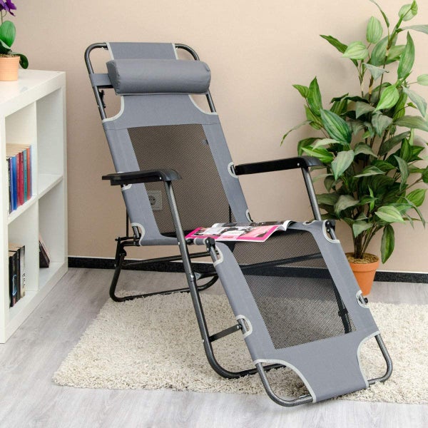 Faltbare Campingliege Freizeitliege | Verstellbare Gartenliege | Liegestuhl mit Nackenstütze | Klappliege Grau | Stahlrahmen | Belastbarkeit max. 100KG | 178cm