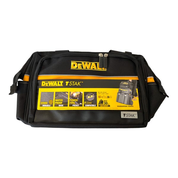 DeWALT TSTAK Werkzeugtasche mit Reißverschluss, robustem Boden und Tragegriffen.