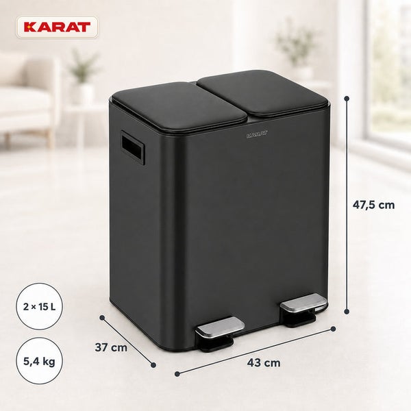 Karat Mülltrennsystem als Treteimer mit zwei Fächern zu je 15 Litern, 43 mal 37 mal 47,5 Zentimeter, Gewicht 5,4 Kilogramm