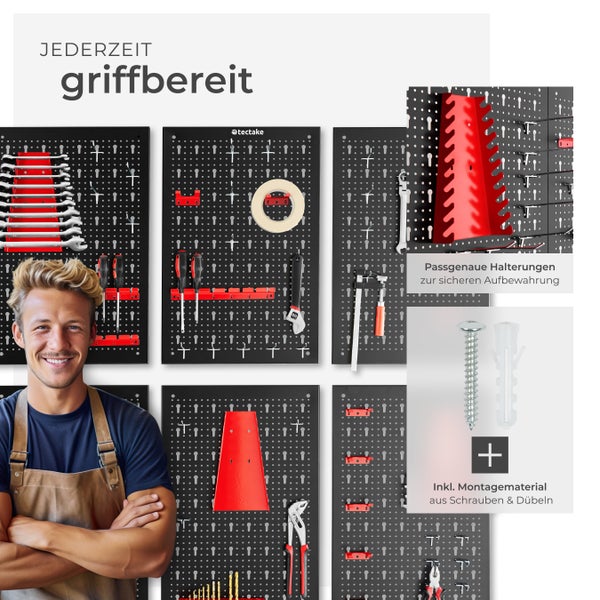 Werkzeuglochwand tectake Jonah Belastbarkeit 4 kg pro Platte sechsteilig schwarz/rot