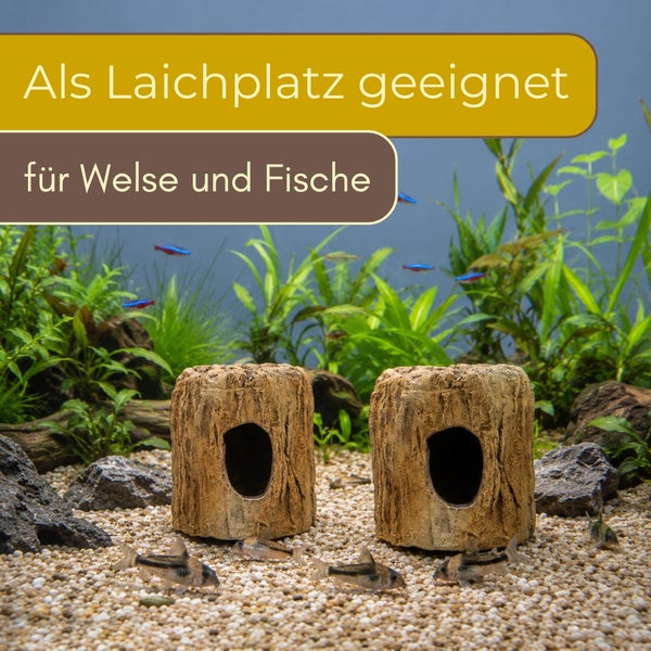 Aquarien-Dekorationen in Baumstamm-Optik mit Höhlen, geeignet als Laichplatz für Welse und Fische in einem bepflanzten Aquarium.
