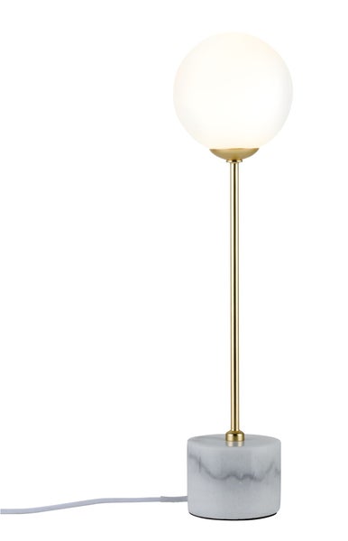 Moderne Tischleuchte mit einer runden Glaskugel auf einem schmalen Metallstab und einem Sockel aus Marmor