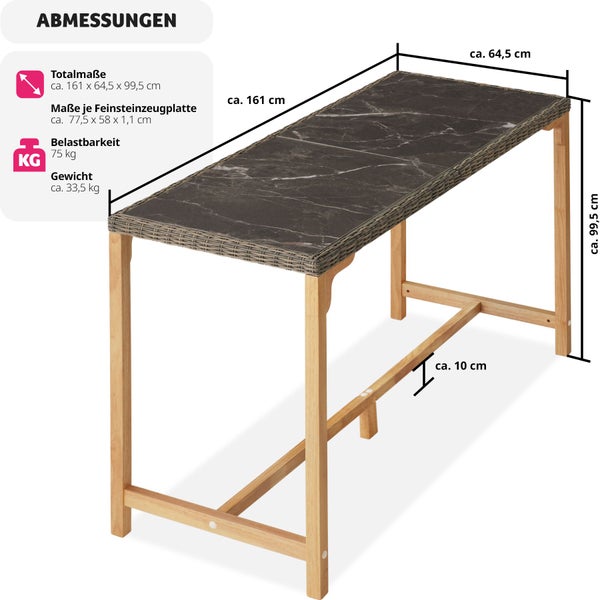 Rattan Tisch tectake Lovas 161 x 64,5 x 99,5 cm mit Aluminium- und Holzgestell natur