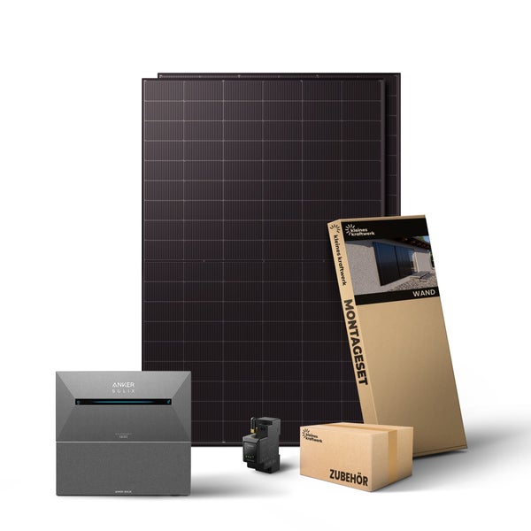 Balkonkraftwerk Komplettset bestehend aus zwei Solarmodulen, Anker Solix Solarbank, Wandmontageset und Zubehör.