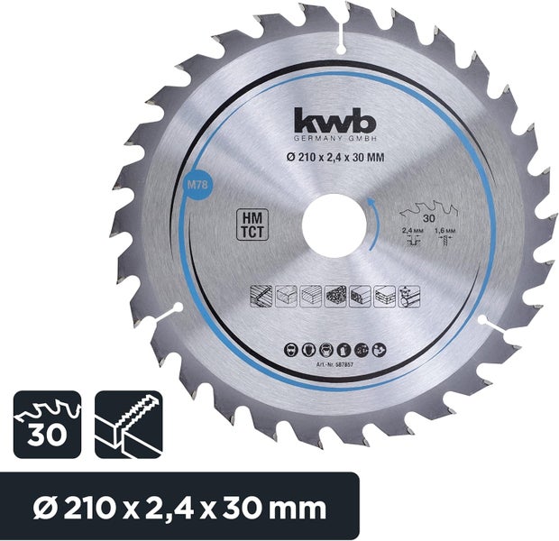 kwb Kreissägeblatt 210 x 30 mm - Schneller Schnitt, geeignet für Weich- und Hartholz, Tischlerplatten und Spanplatten