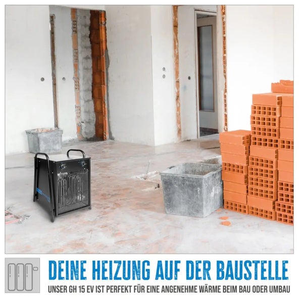 Baustellenansicht mit Elektroheizer, Mörtelkübel und Ziegelsteinen