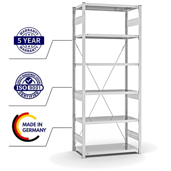 PROREGAL Fachbodenregal Stecksystem T-Profil Medium-Duty Grundregal HxBxT 250 x 100 x 50 cm 6 Ebenen Fachlast 230 kg Einseitig Nutzbar Lichtgrau