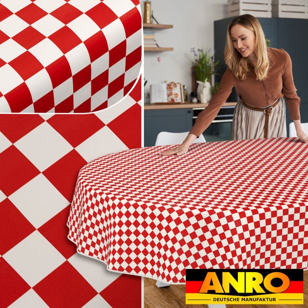 Tischdecke mit Schachbrettmuster in Rot und Weiß auf einem runden Tisch, ANRO Logo