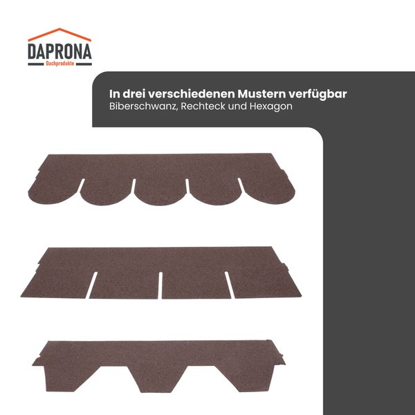 Daprona Logo. Dachschindeln in den drei Mustern Biberschwanz, Rechteck und Hexagon.