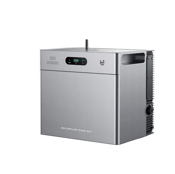 Zendure SolarFlow 2400 AC Plus Batteriespeicher für Balkonkraftwerke mit Statusdisplay und Antenne.