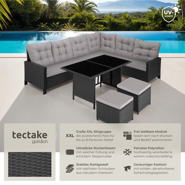 Rattan Lounge tectake Barletta mit Sicherheitsglasplatten für 6 bis 8 Personen schwarz